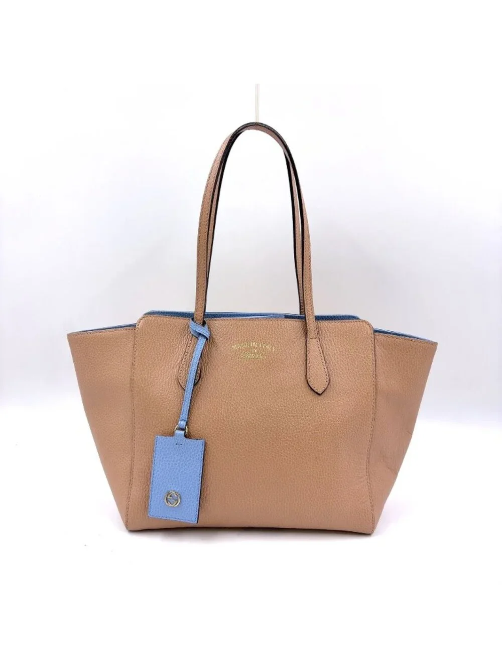 Gucci Swing Leather Beige Light Blue Tote Silver